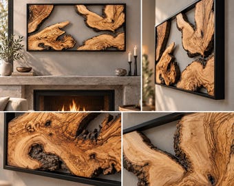 Wandbild aus Olivenholz mit natürlicher Baumkante, Wandbild aus Olivenholz mit Metallrahmen, handgefertigtes Naturwandbild, rustikal-moderne Wanddekoration, Wandkunst