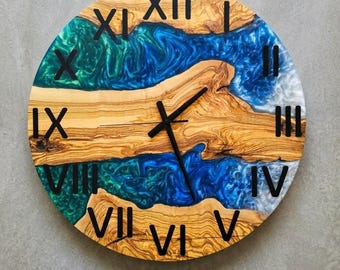 Handmade Olive Wood Resin Wall Clock: Rustic Modern Home Decor
