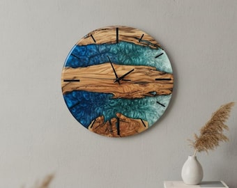 Handmade Olive Wood & Epoxy Resin Wall Clock - Custom Numbering