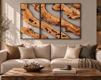Wandbild aus Olivenholz mit natürlicher Baumkante, Wandbild aus Olivenholz mit Metallrahmen, handgefertigtes Naturwandbild, rustikal-moderne Wanddekoration, Wandkunst