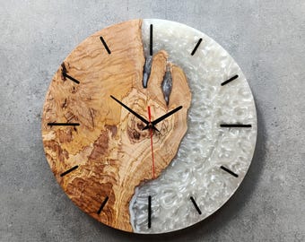 Handmade Olive Wood & Epoxy Resin Wall Clock - Custom Numbering