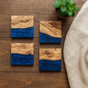 Handmade Olive Wood & Black Resin Coasters: Rustic Modern Set