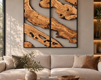 Live Edge Olive Wood Wall Art, Olive Wood Wall Art with Metal Frame, Handmade Natural Wall Art, Rustic Modern Wall Decor, Wall Art