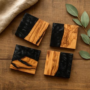 Handmade Olive Wood & Black Resin Coasters: Rustic Modern Set