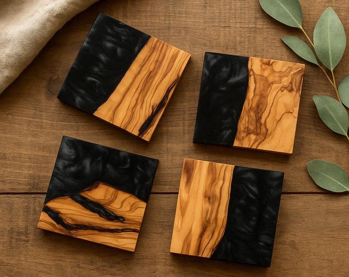 Handmade Olive Wood & Black Resin Coasters: Rustic Modern Set