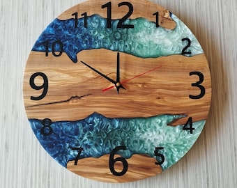 Handmade Olive Wood & Epoxy Resin Wall Clock - Custom Numbering