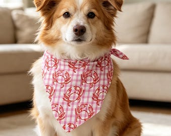 Pink Gingham Crab Pet Bandana, Mint Lobster Checkered Dog Triangle Scarf, Coastal Summer Pet Accessory