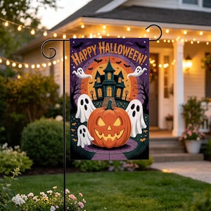 May include: A rectangular garden flag featuring a vibrant Halloween scene with a large orange jack-o'-lantern in the foreground, three white ghosts, a dark haunted house, and bats against a purple sky. The text Happy Halloween is printed at the top.