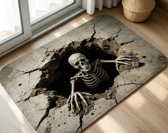 Fußmatte mit 3D-Skelett-Motiv und rissigem Boden, Halloween-Teppich mit optischer Täuschung, gruselige Totenkopf-Fußmatte