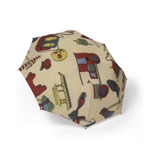 Retro Japanese Chiyogami Umbrella   Vintage Toy Pattern Parasol   Traditional Washi Art Accessory