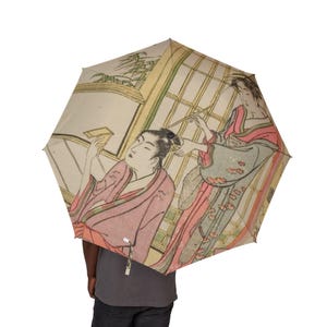 Edo Era Ukiyo-e Umbrella   Intimate Japanese Beauty Scene, Vintage Kimono Art