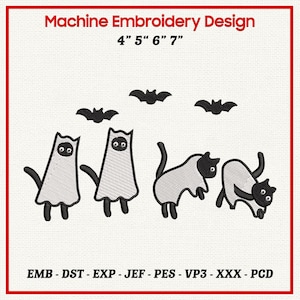 Halloween Black Cat Ghost Embroidery Design, Spooky Bat Stitch Pattern, Cute Scary Feline Digital Download