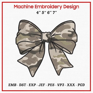 Könnte beinhalten: Maschinenstickdesign einer Schleife mit Camouflagemuster. Die Schleife ist in Braun-, Grün- und Beigetönen gehalten. Der Text "Machine Embroidery Design" und die Größen 10, 12.7, 15.2 und 17.8 cm sind rot. Das Bild enthält auch Dateityp-Abkürzungen.