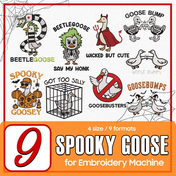 Funny Goose Halloween Embroidery Designs Bundle, 10 Spooky Goose Machine Embroidery Files, Goose Pun Patterns, Instant Download