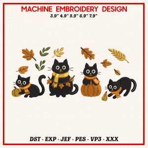 Black cat embroidery design, cozy autumn pumpkin file, Halloween fall cat lover embroidery, machine embroidery pattern for hoop