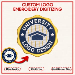 May include: A circular embroidered patch with the words "UNIVERSITY LOGO DESIGN" in white on a navy blue background. The patch features a gold border and a graduation cap graphic. The text "CUSTOM LOGO EMBROIDERY DIGITIZING" is at the top.