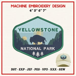 Yellowstone National Park Embroidery Design, Bison Wildlife Patch Logo, Outdoor Adventure Hiking Camping Souvenir Travel Nature Pattern