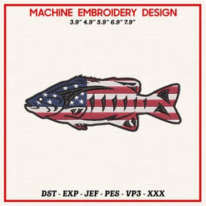 May include: Machine embroidery design of a fish, featuring the American flag design. The fish is red, white, and blue, with the stars and stripes pattern. The design sizes are 3.9", 4.9", 5.9", 6.9", and 7.9".
