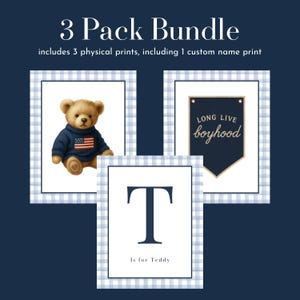 Boy Nursery Wall Art Set: Vintage Teddy Bear, Blue Plaid, Initial Print afbeelding 2