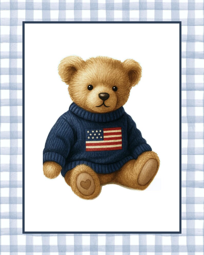 Boy Nursery Wall Art Set: Vintage Teddy Bear, Blue Plaid, Initial Print afbeelding 6