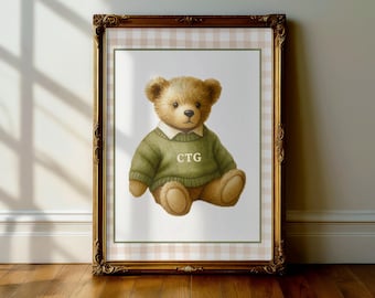 Vintage Boy Nursery Art | Vintage Teddy Bear, Personalized Initial Print | Physical Print