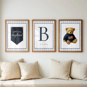 Boy Nursery Wall Art Set: Vintage Teddy Bear, Blue Plaid, Initial Print afbeelding 1