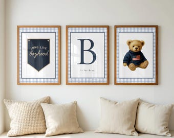 Boy Nursery Wall Art Set: Vintage Teddy Bear, Blue Plaid, Initial Print
