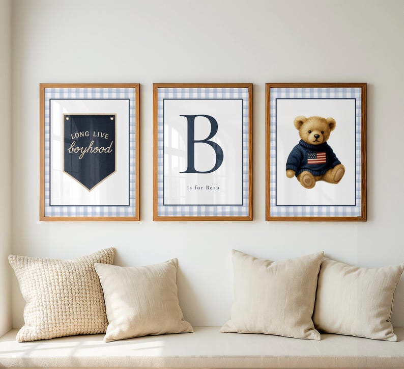 Boy Nursery Wall Art Set: Vintage Teddy Bear, Blue Plaid, Initial Print afbeelding 1