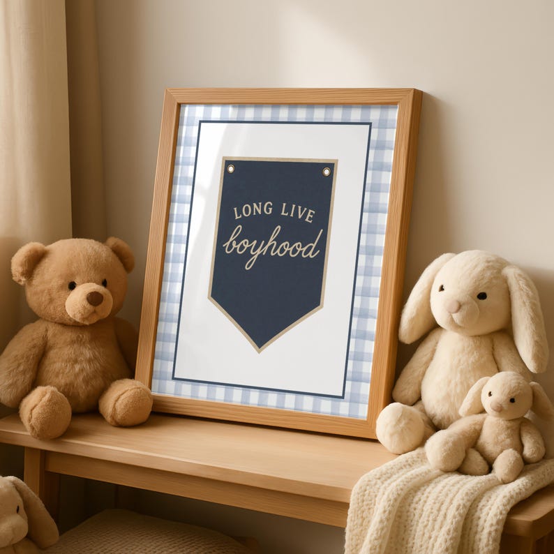 Boy Nursery Wall Art Set: Vintage Teddy Bear, Blue Plaid, Initial Print afbeelding 3