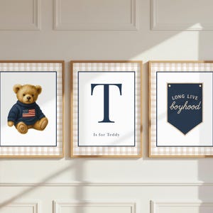 Geruite vintage teddybeer kinderkamerprint: Amerikaanse vlag, eerste print - set van 3