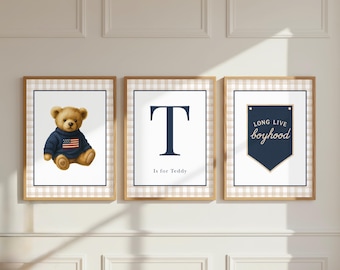 Plaid Vintage Teddy Bear Nursery Print: American Flag, Initial Print - Set of 3