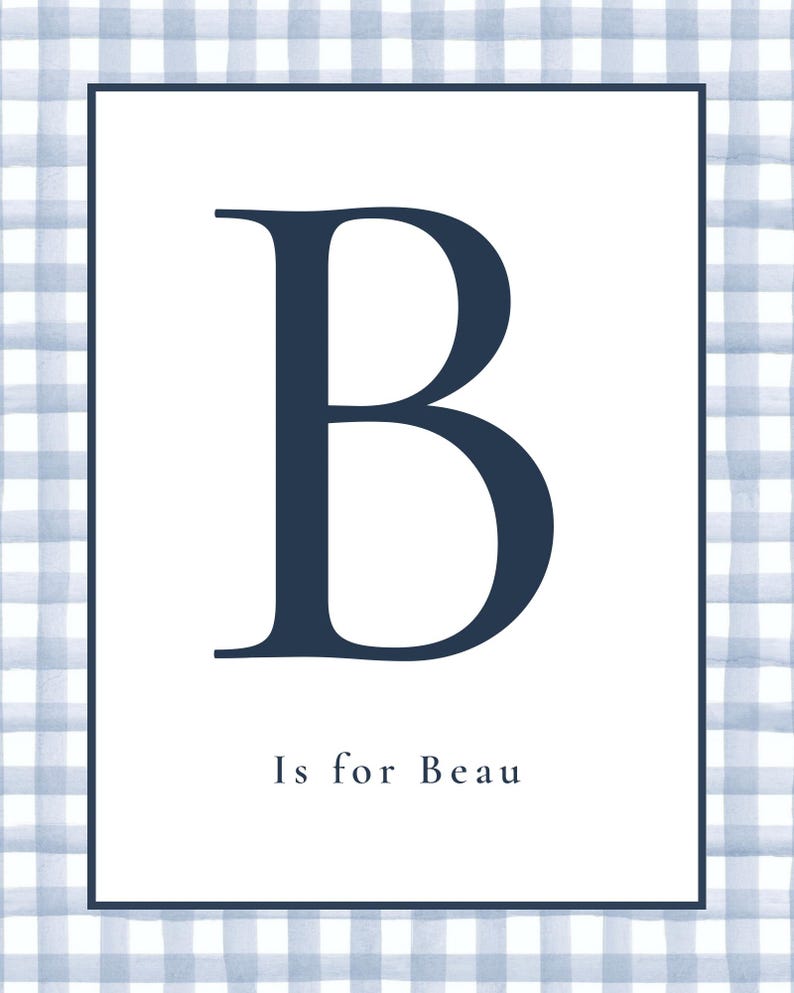 Boy Nursery Wall Art Set: Vintage Teddy Bear, Blue Plaid, Initial Print afbeelding 7