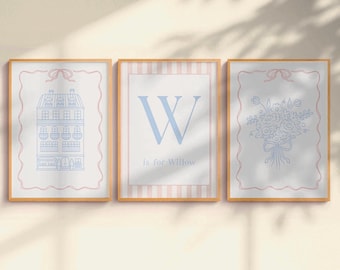 Parisian Nursery Wall Art Set – Custom Name Print, Pink & Blue Pastel Girl Room Decor, Elegant Baby Girl Art, French Nursery Prints