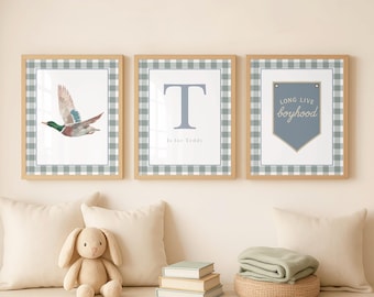 Watercolor Duck Nursery Print Set – Gingham Monogram, Southern Boy Decor