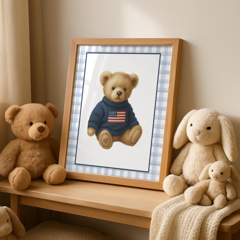 Boy Nursery Wall Art Set: Vintage Teddy Bear, Blue Plaid, Initial Print afbeelding 5