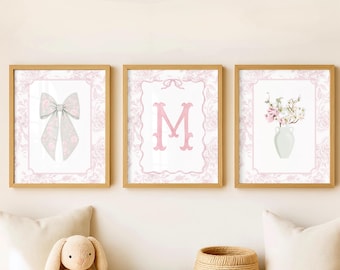 Grand millennial Sage Green and Pink Chinoiserie Nursery Art Set, Floral Initial Bow Prints