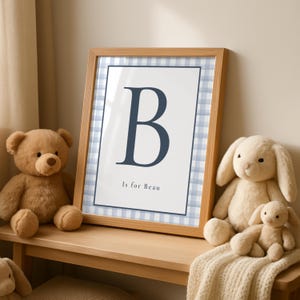 Boy Nursery Wall Art Set: Vintage Teddy Bear, Blue Plaid, Initial Print afbeelding 4