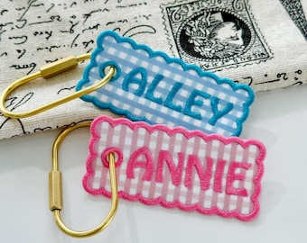 Custom Luggage Tag, Embroidered Gingham Name Bag Tag, Personalized Travel Keyring