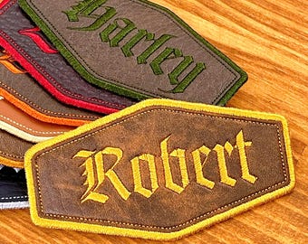 Custom Name Patch, Embroidery Leather Patches, Personalized Leather Patch, Garage Name Patches, Patch Sew On/Iron On Patch for Clothes
