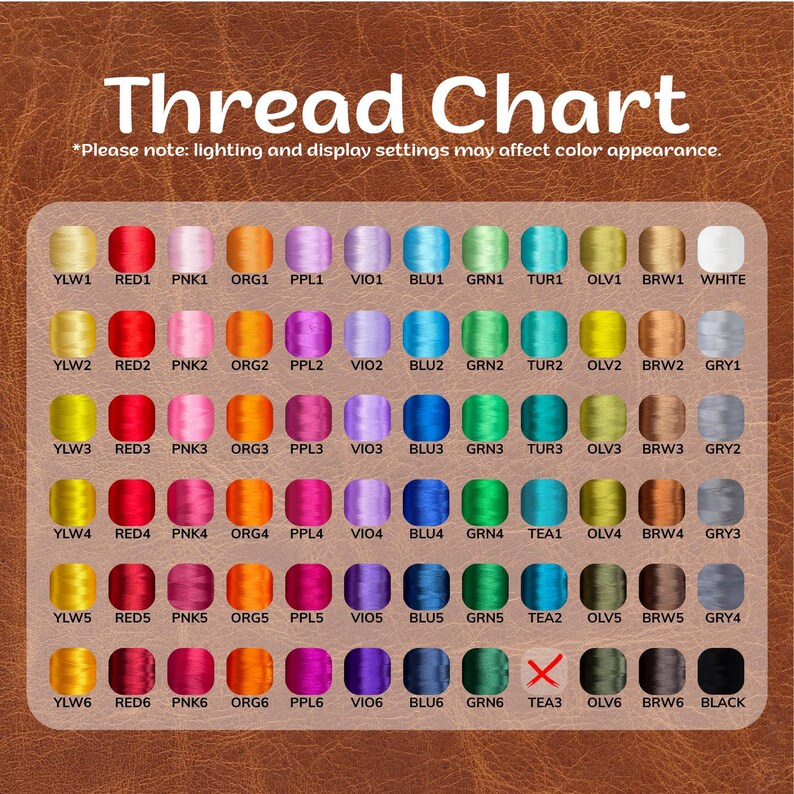 May include: A thread chart with a variety of colors, including red, pink, orange, purple, blue, green, and brown. The text "Thread Chart" is at the top, with a note about lighting affecting color appearance. The chart is on a brown background.