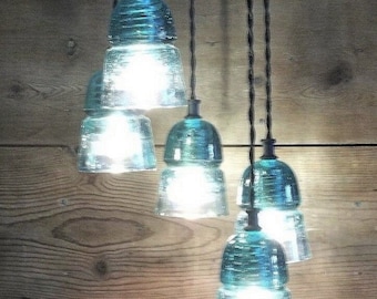 Authentic Vintage Glass Insulator Light Fixture Vintage Glass Chandelier U choose your options 3 or 5 Insulator Light Fixture Clear or Aqua