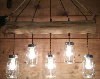 Log Cabin Chandelier Farmhouse Light Rustic Barn Light Wood Log 5 Qt Jar Farm Light LOG, Tree branch LOG, Wood Post Farm Fixture UNIQUE