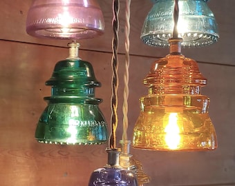 Vintage Glass Insulator Chandelier-Metal Ceiling Mount Light Fixture-6 Insulators Artificially Stained Rainbow LIGHT Fixture 24"down