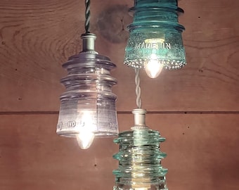 Vintage Glass Insulator Triple Pendant Chandelier-5" Steel Ceiling Mount Light Fixture-3 Insulators Rainbow LIGHT Fixture 24"down