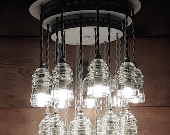 Vintage Glass Insulator Chandelier: Multi-Tier Wood Ceiling Light VINTAGE Glass Insulators for Entryway, Foyer, Party room, Wedding, Dining