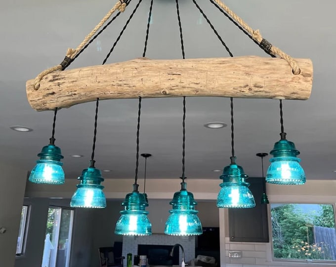 Rustic Wood Log Chandelier: Vintage Glass Insulator Light Fixture Handcrafted Ceiling Light OLD wood log-tree branch w/6 lights Aqua/Clear