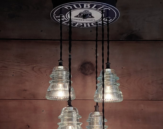 Vintage Glass Insulator Chandelier: Bell System Public Telephone Light w/ 6 glass insulator lights, ceiling mounted