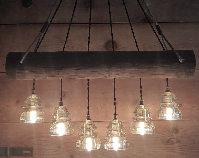 Rustic Wood Log Chandelier: Vintage Glass Insulator Light Fixture Handcrafted Ceiling Light OLD wood log-tree branch w/6 lights