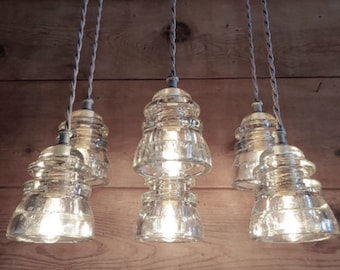 Farmhouse Insulator Light Fixture: Galvanized Metal 6 glass insulator ceiling Mount light