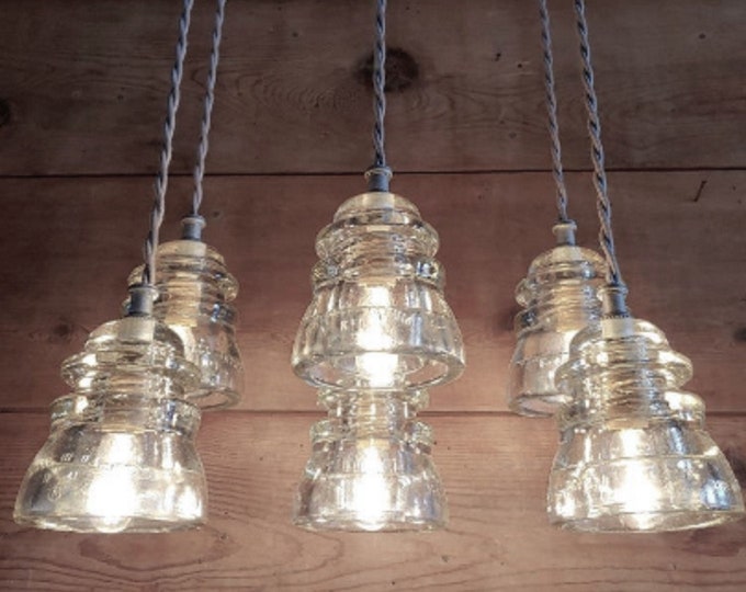 Farmhouse Insulator Light Fixture: Galvanized Metal 6 glass insulator ceiling Mount light